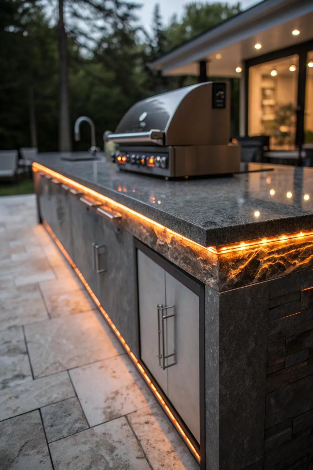 Illuminate your outdoor kitchen with cutting-edge LED lighting for a touch of nighttime magic.