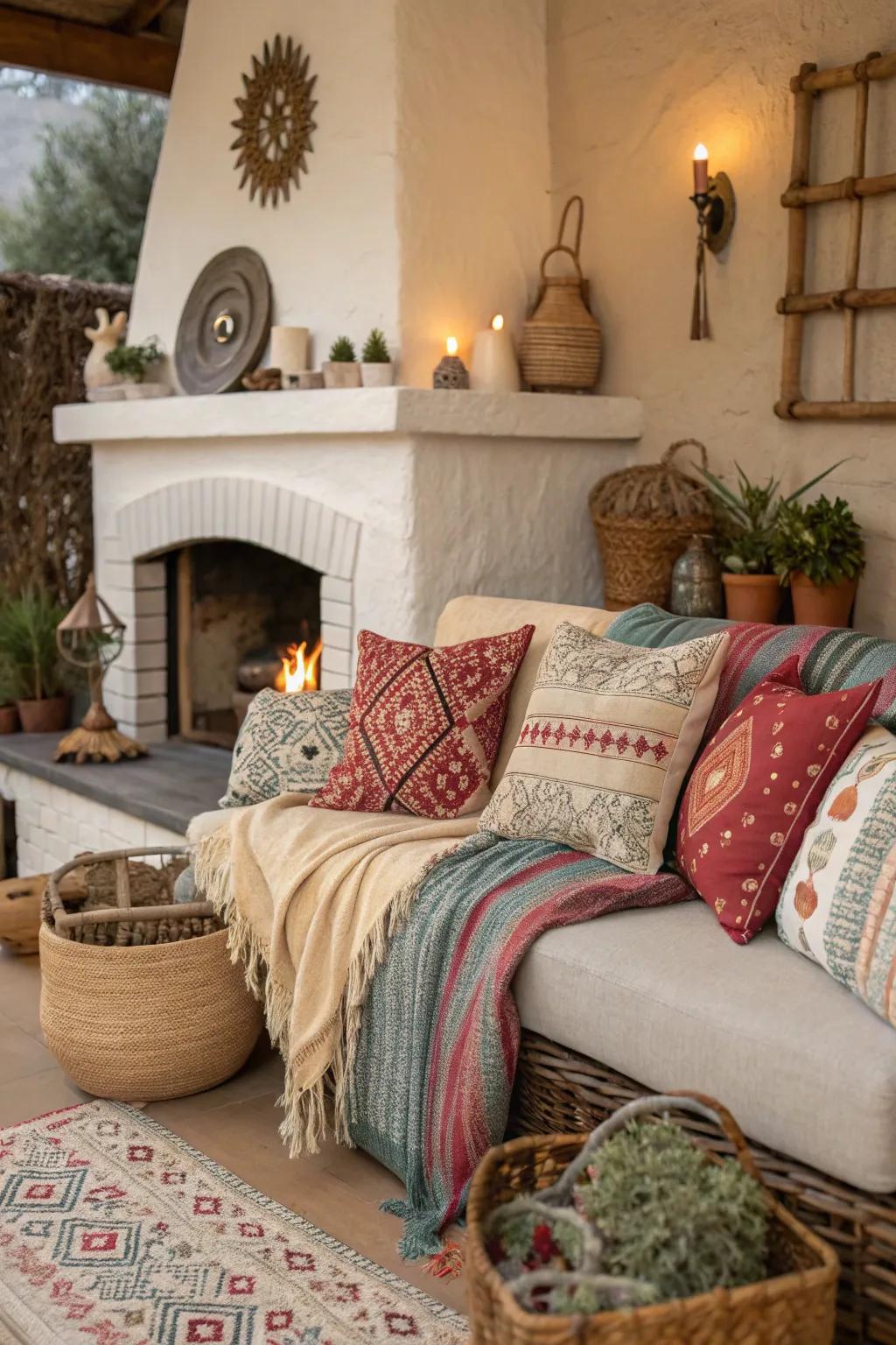 A cozy seating arrangement with cushions near a fireplace, perfect for relaxation in a bohemian setting.