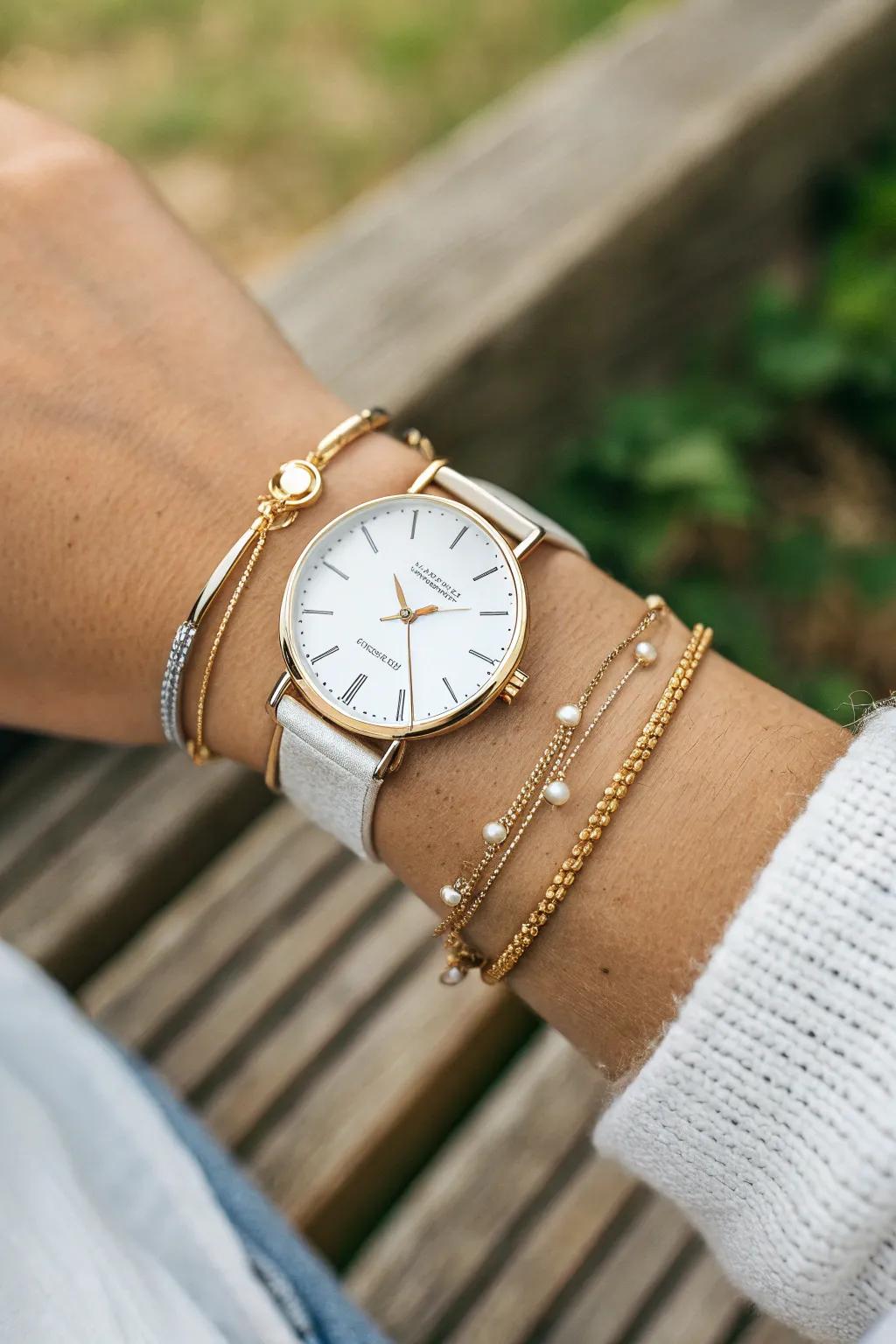 Effortless elegance: Bracelet layering with a classic touch. #MinimalistChic