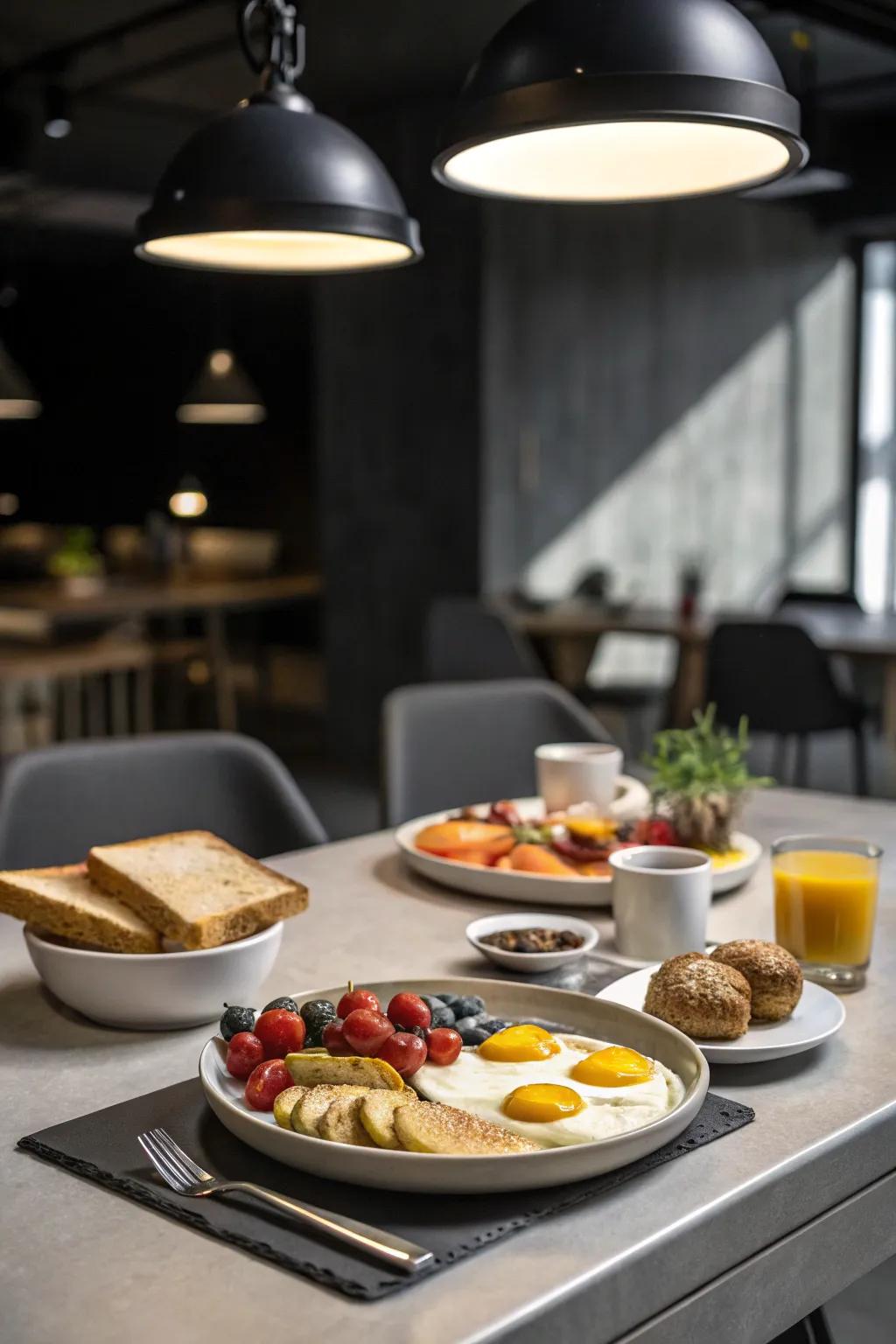 Industrial-style lighting adding a modern edge to a breakfast table.