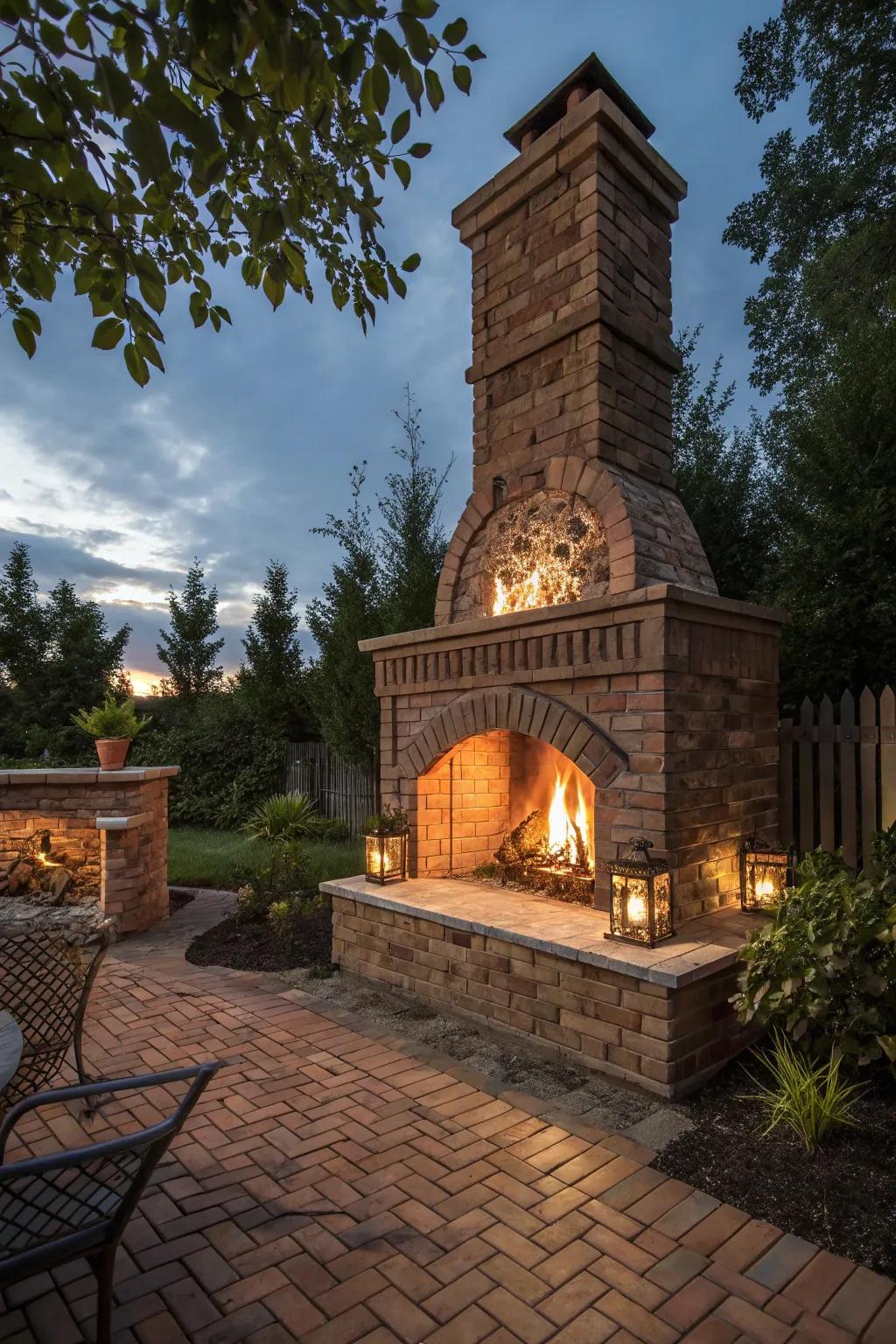 Embrace the warmth and craftsmanship of a brick outdoor fireplace, your backyard's stunning centerpiece.