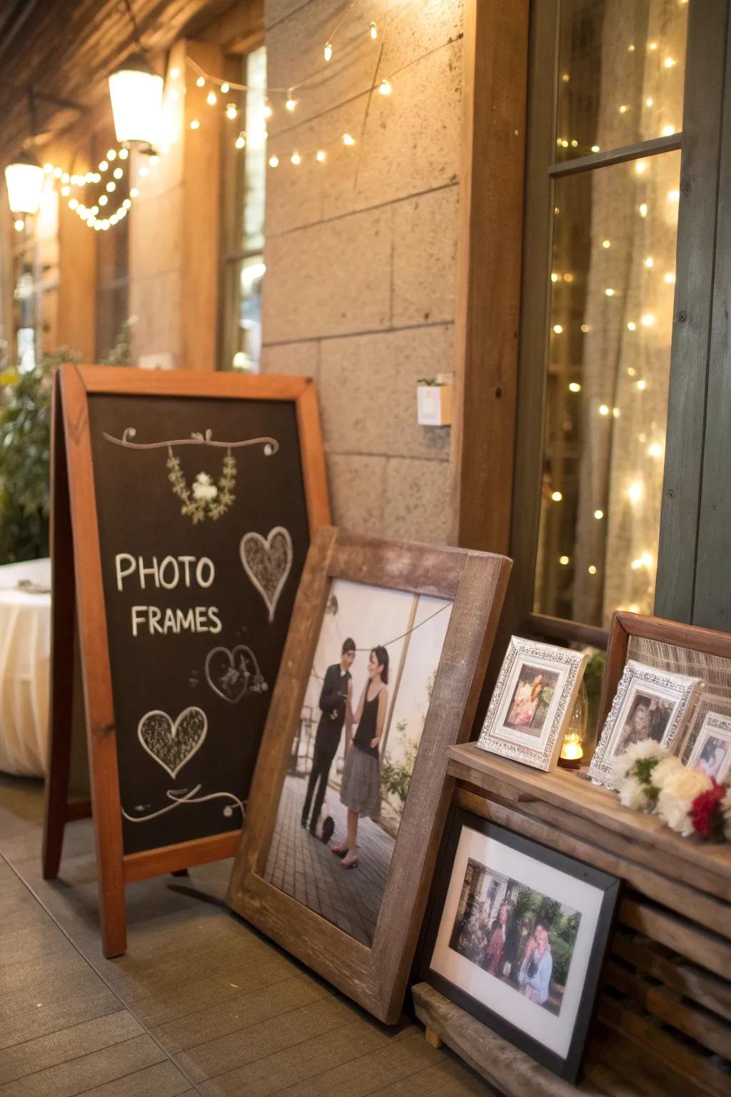 Chalkboard signs adding a personal touch to photo displays.