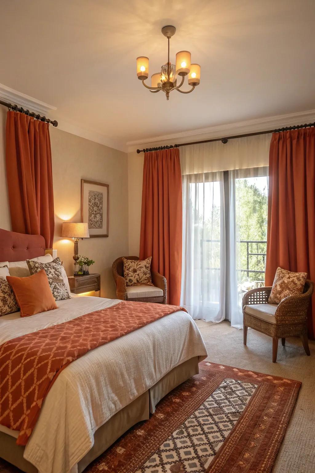 Burnt orange curtains add warmth and color.