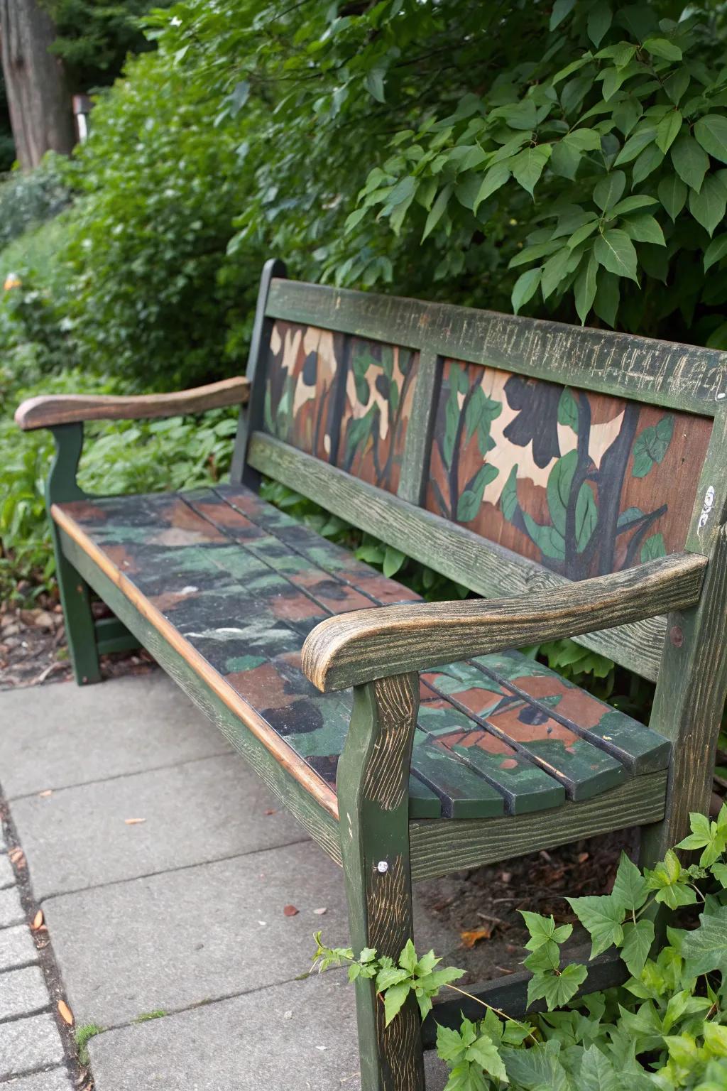 Master the art of blending in: elevate your outdoor space with a handcrafted camouflage seating design.