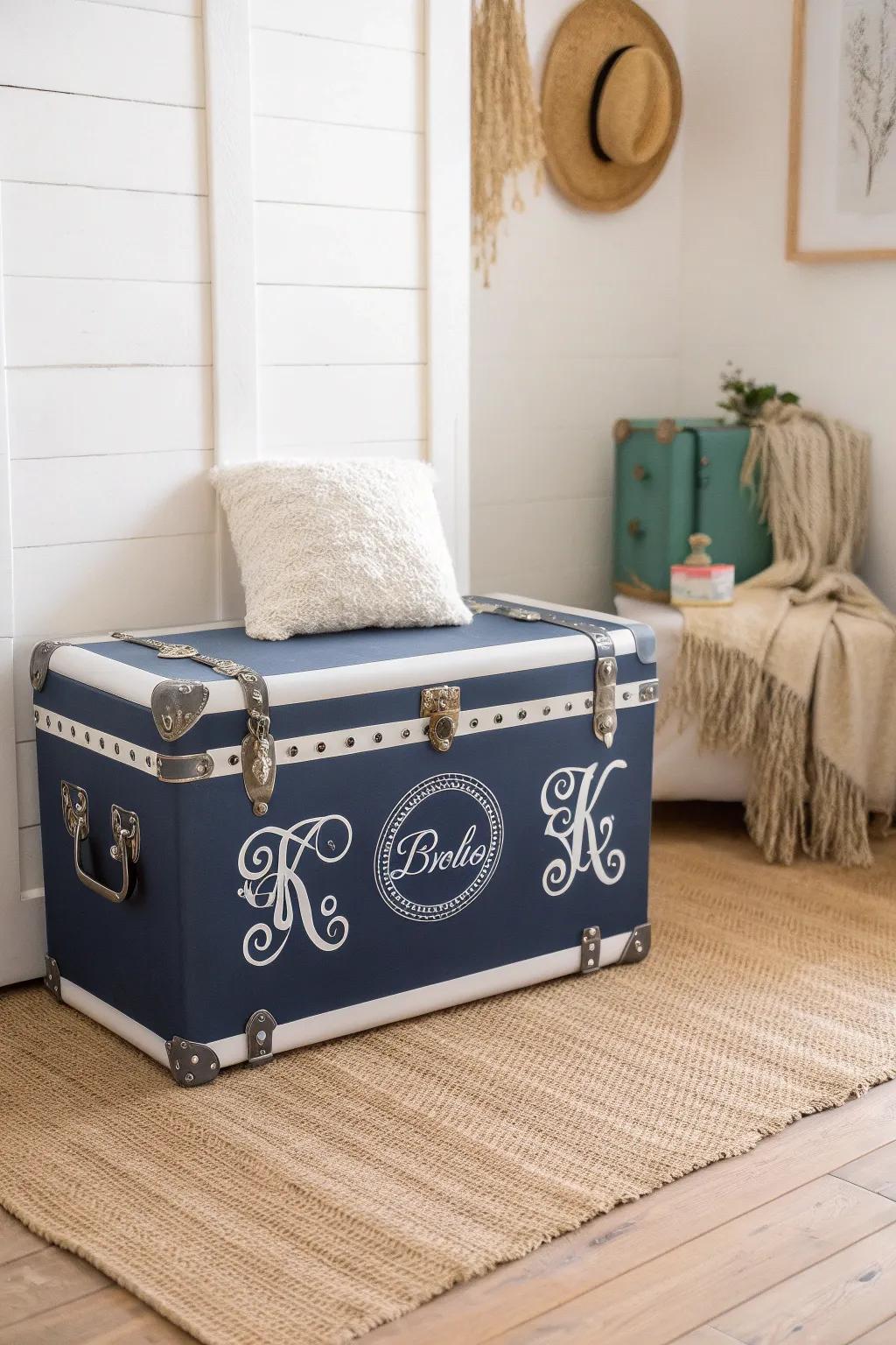 Elevate your camp trunk with chic monograms for a personal and sophisticated touch.