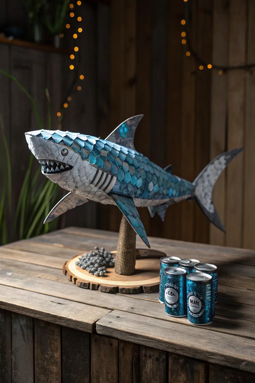 Dive into creativity with this striking canned shark sculpture.