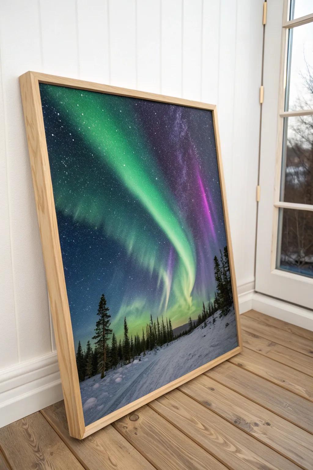 Capture the ethereal dance of the Northern Lights with minimalist elegance.