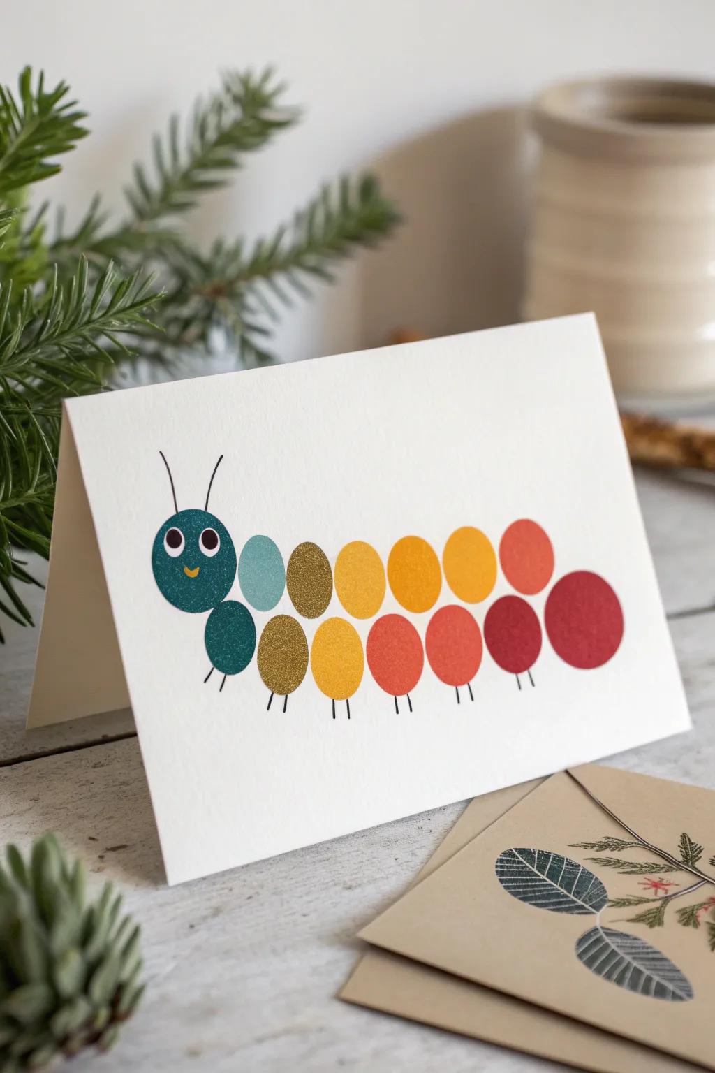 Transform simple shapes into magical creations with this vibrant caterpillar card!