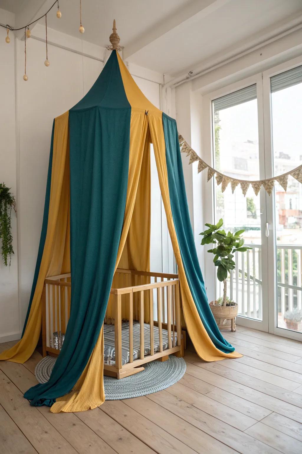 Transform your catio into a breezy paradise with a chic, bold fabric canopy.