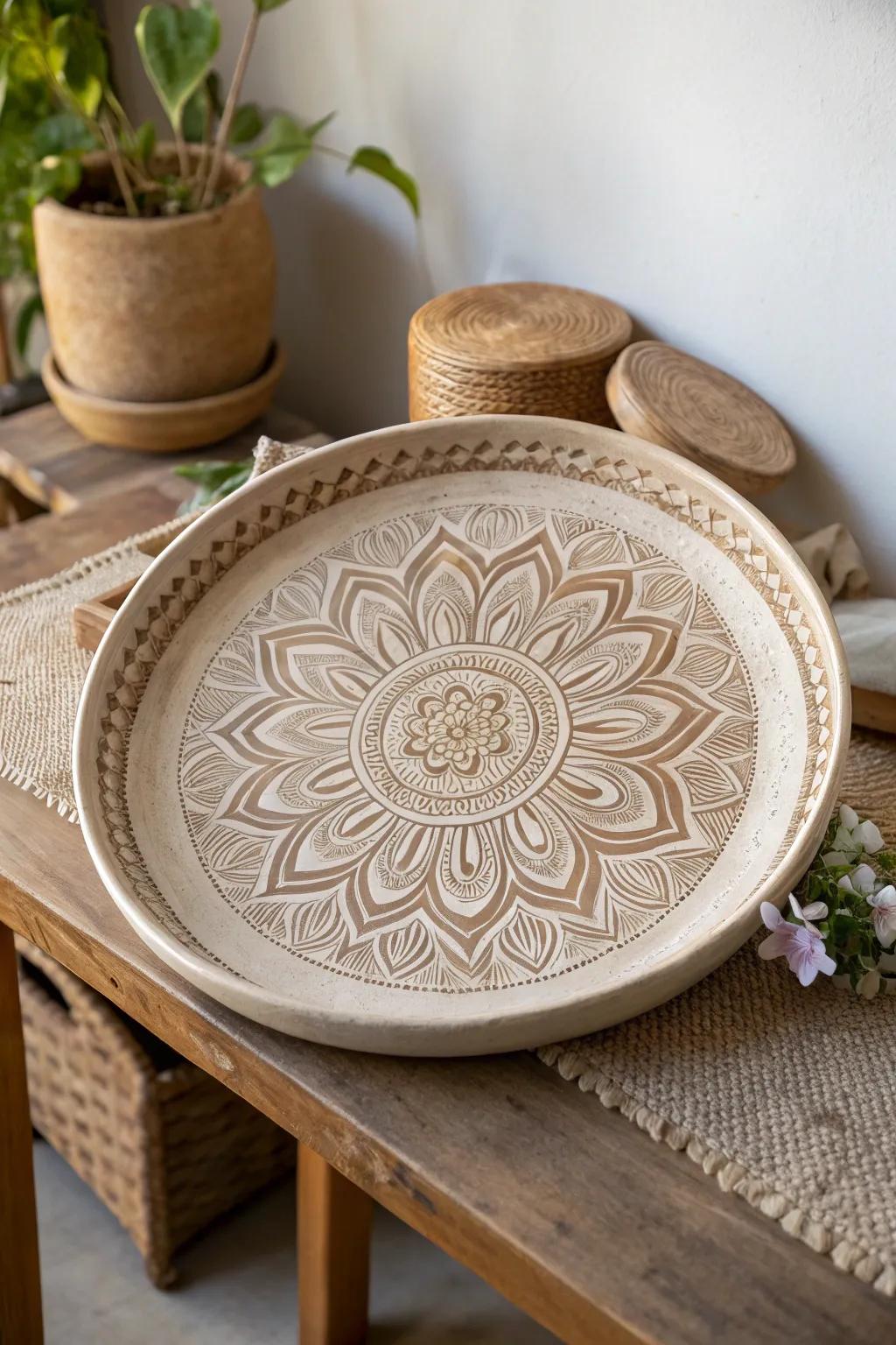 Embrace tranquility with this handcrafted mandala ceramic platter, a perfect fusion of simplicity and artistry.