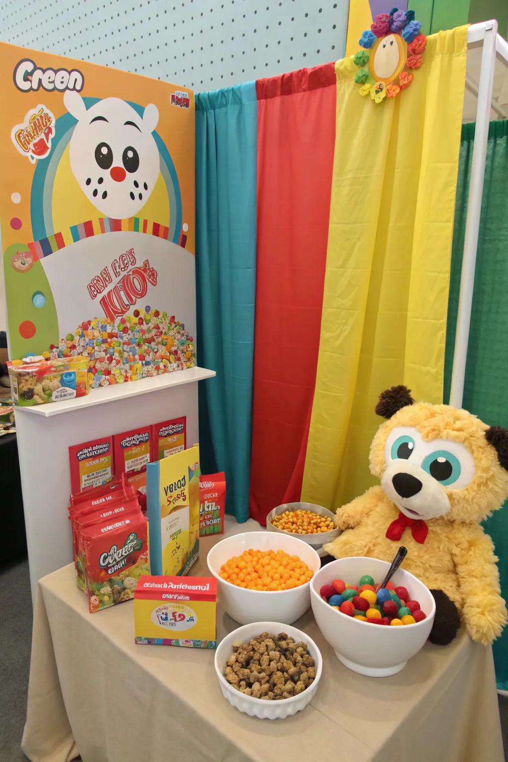 A photo booth with cereal-themed props and a colorful backdrop.