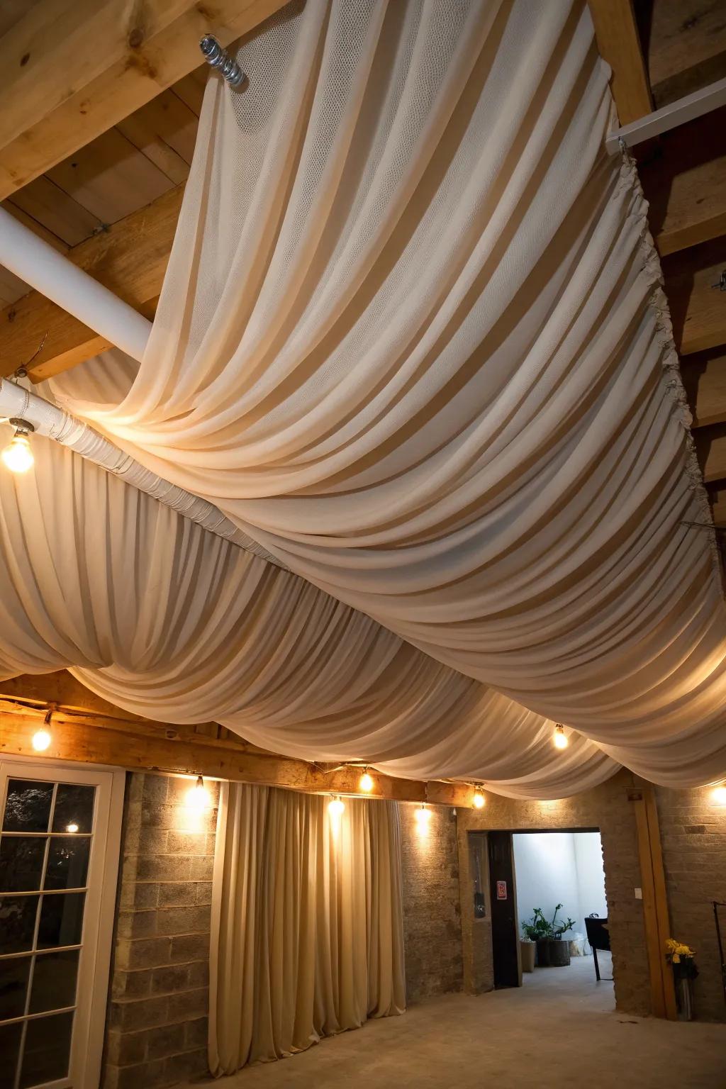 Transform your basement with elegant fabric ceiling draping – where comfort meets craftsmanship.
