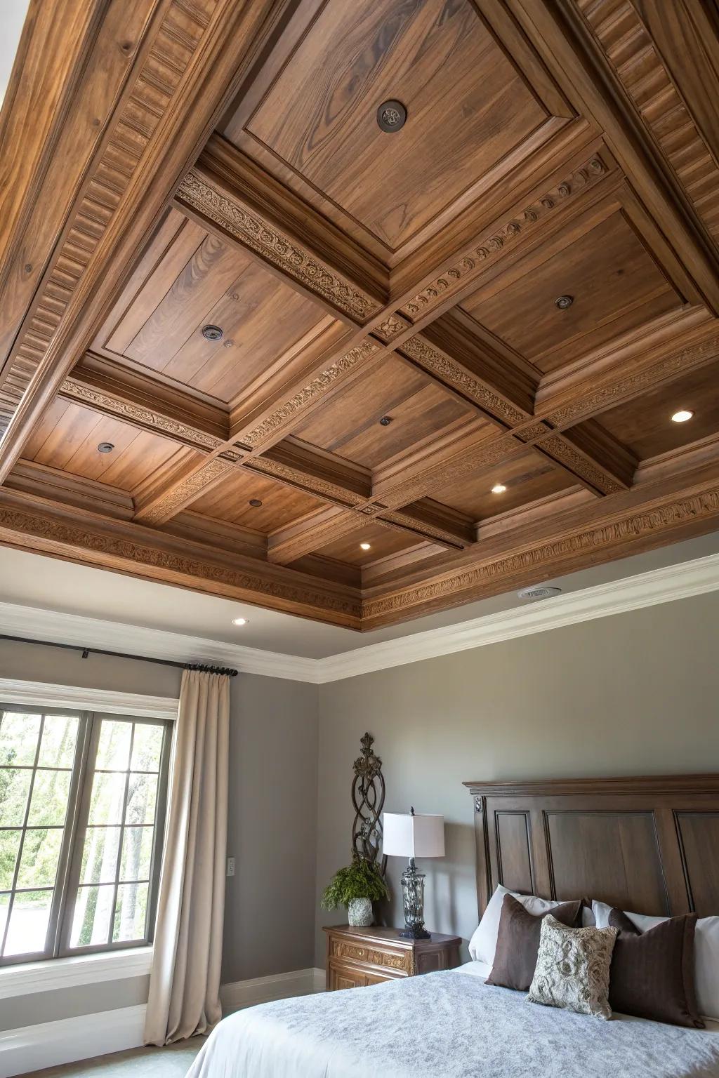 Elevate your space with the natural elegance of a wood ceiling paired with calming neutral tones.