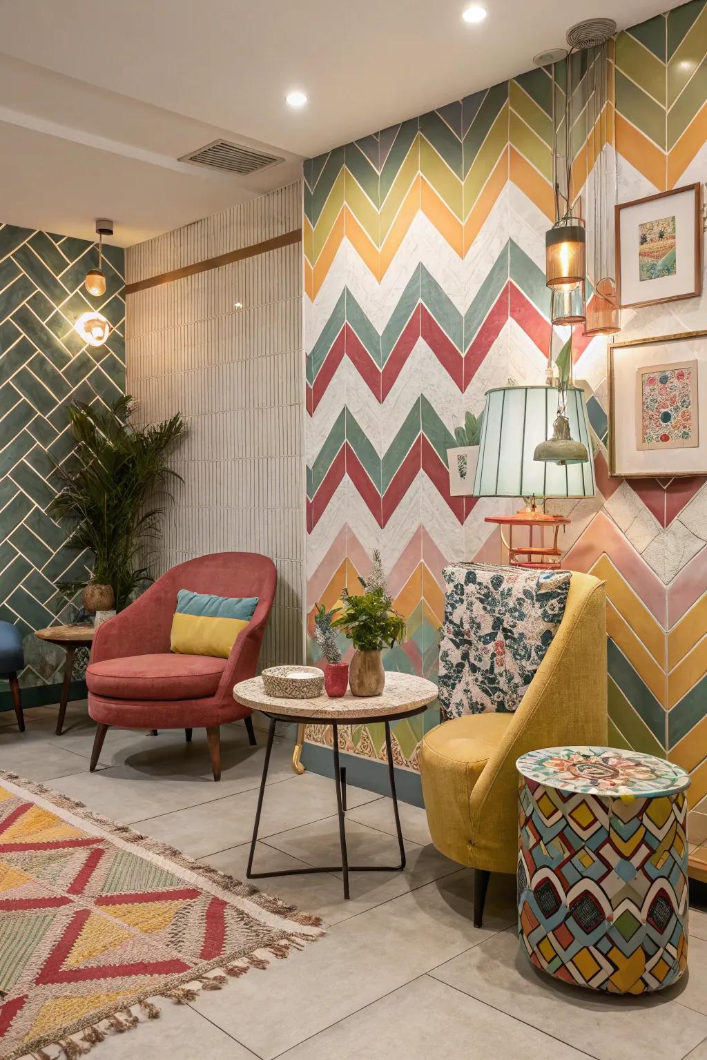 Unexpected hues in chevron tiles bring a playful and individualistic touch to this room.