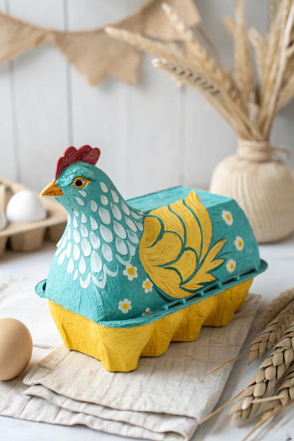 Transform ordinary egg cartons into stunning hens with bold colors and minimalist charm!