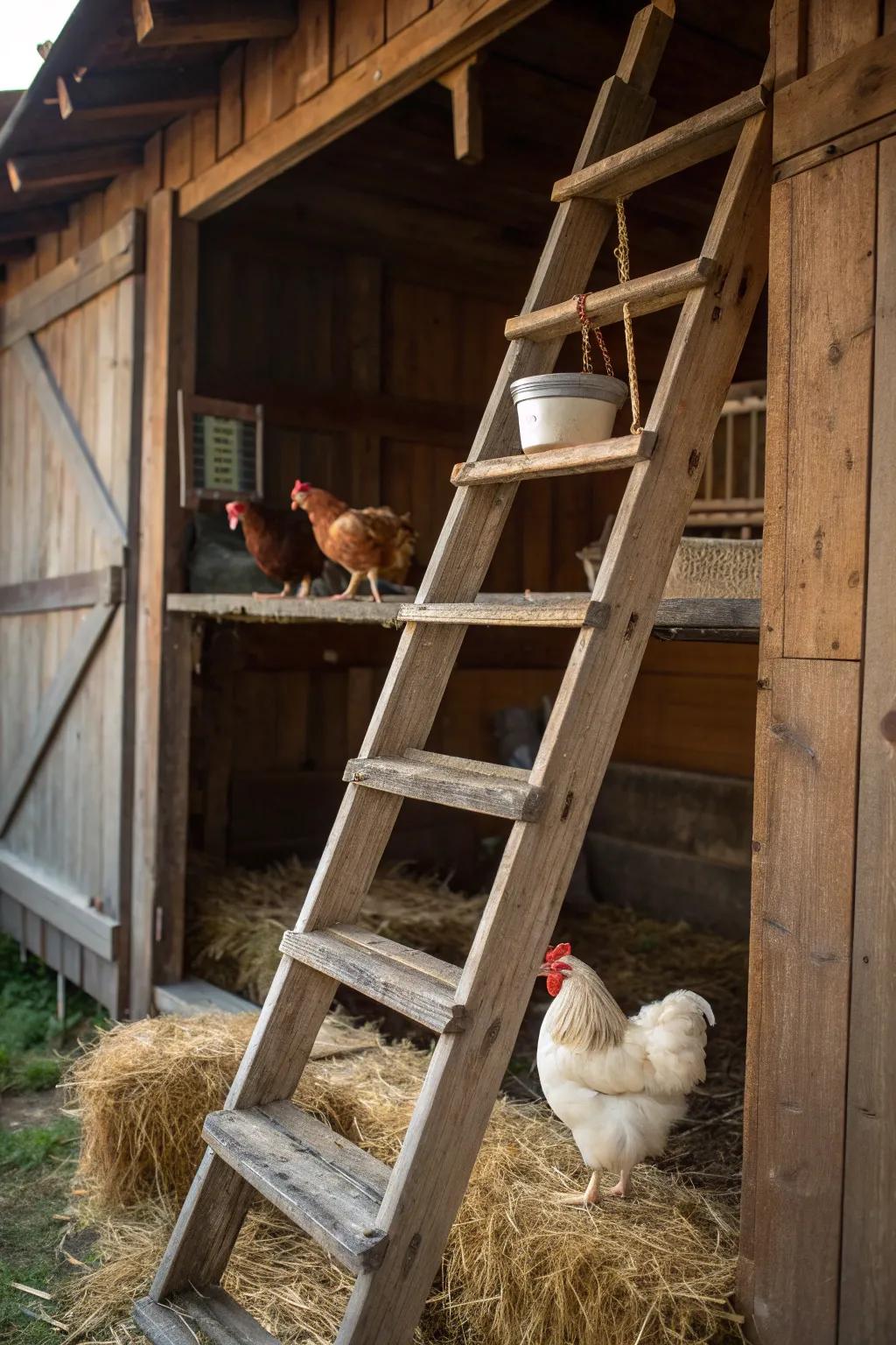 Transform your coop with a vintage ladder roost - where rustic charm meets craftsmanship.