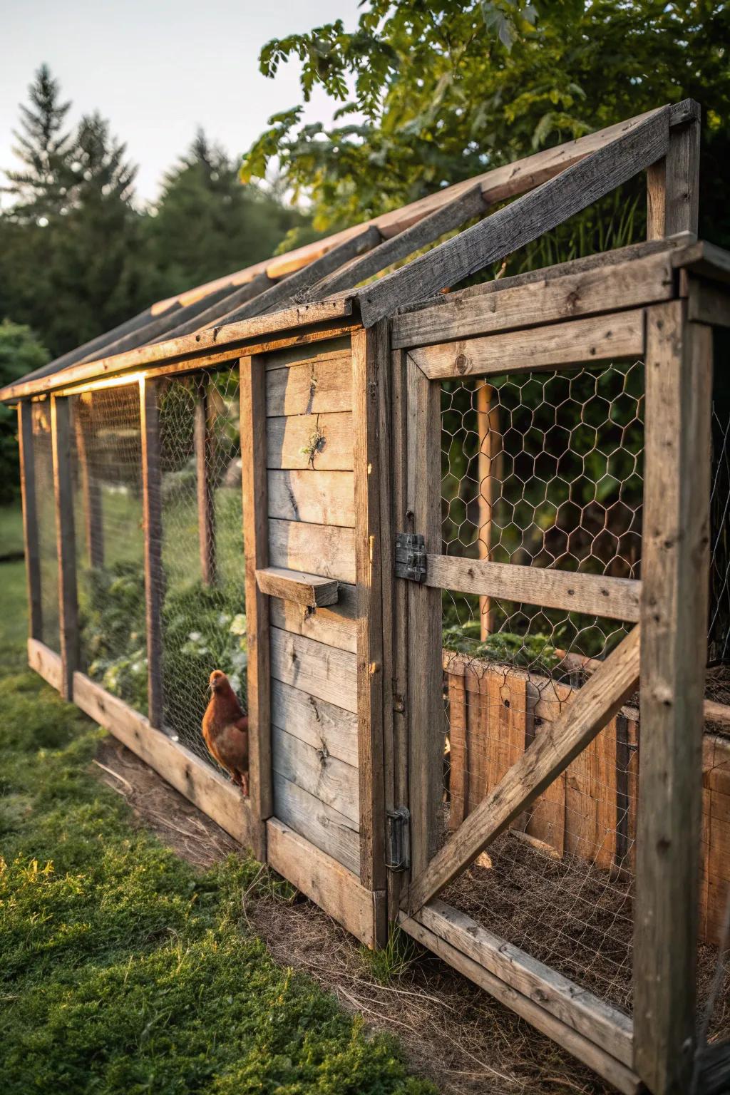 Elevate your chicken run with creative craftsmanship using reclaimed materials.