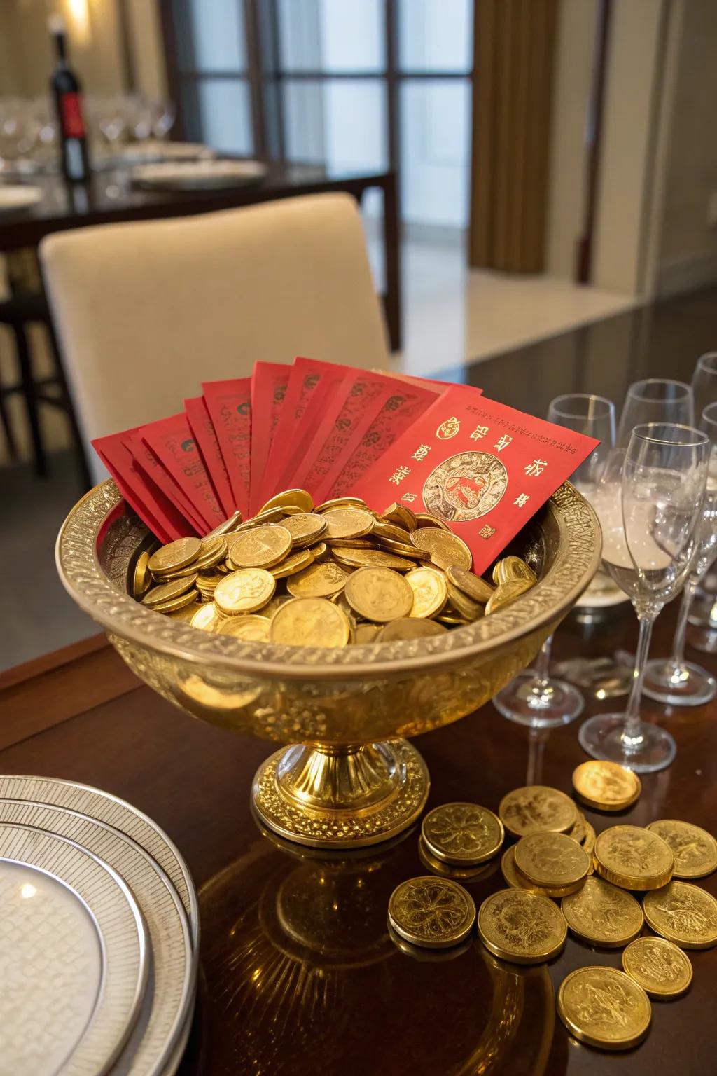 Gold coins symbolize wealth and are a versatile decor piece.