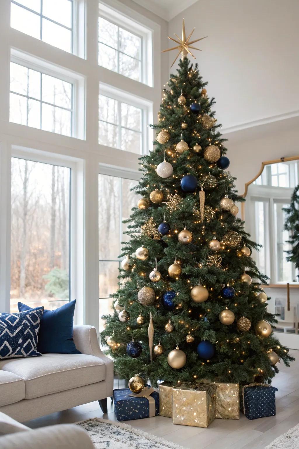 A sophisticated Christmas with navy blue and champagne gold.