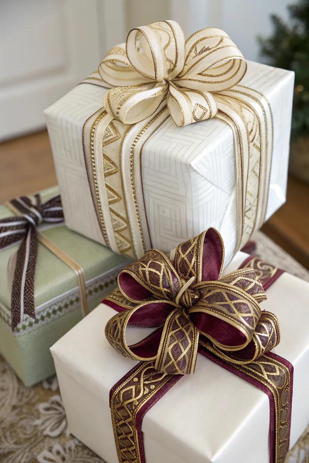 Gifts featuring multi-layered ribbon wrapping.