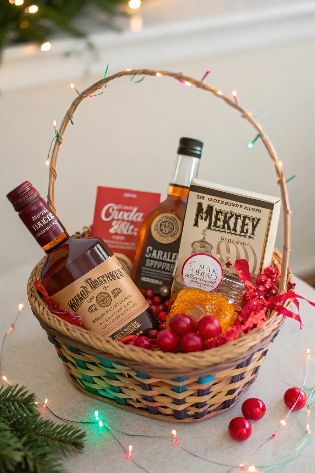 A whimsical whiskey basket full of playful possibilities.