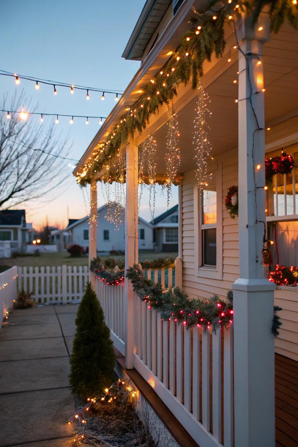 Outdoor tinsel accents add sparkle to a festive porch setting.