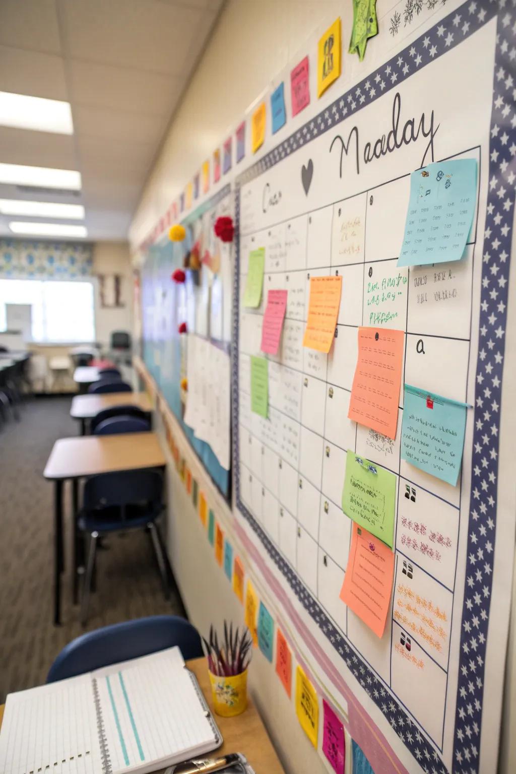 A calendar board with a dedicated area for monthly motivational messages.