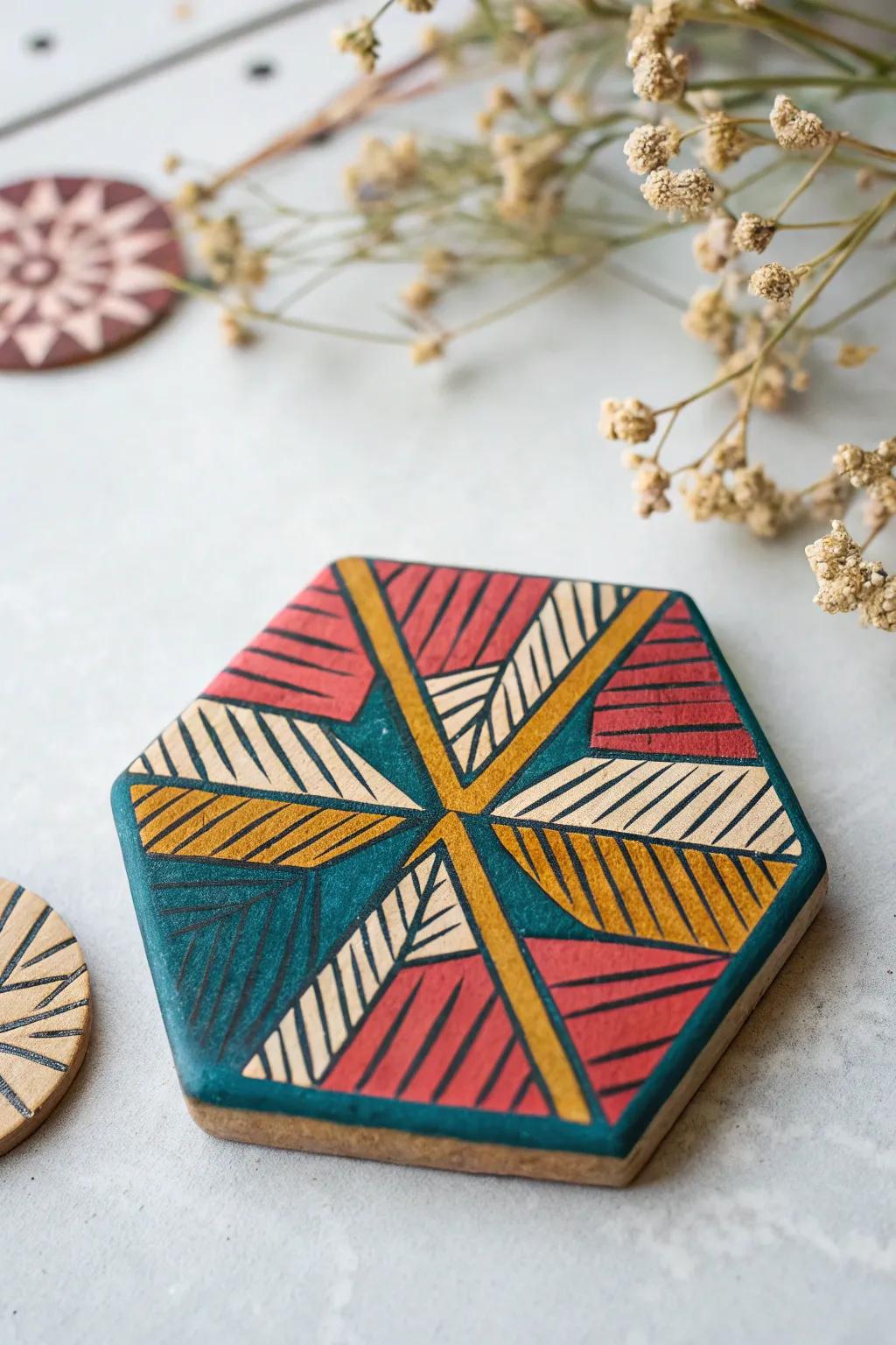 Add a pop of color and modern flair to your space with this stunning geometric clay magnet!
