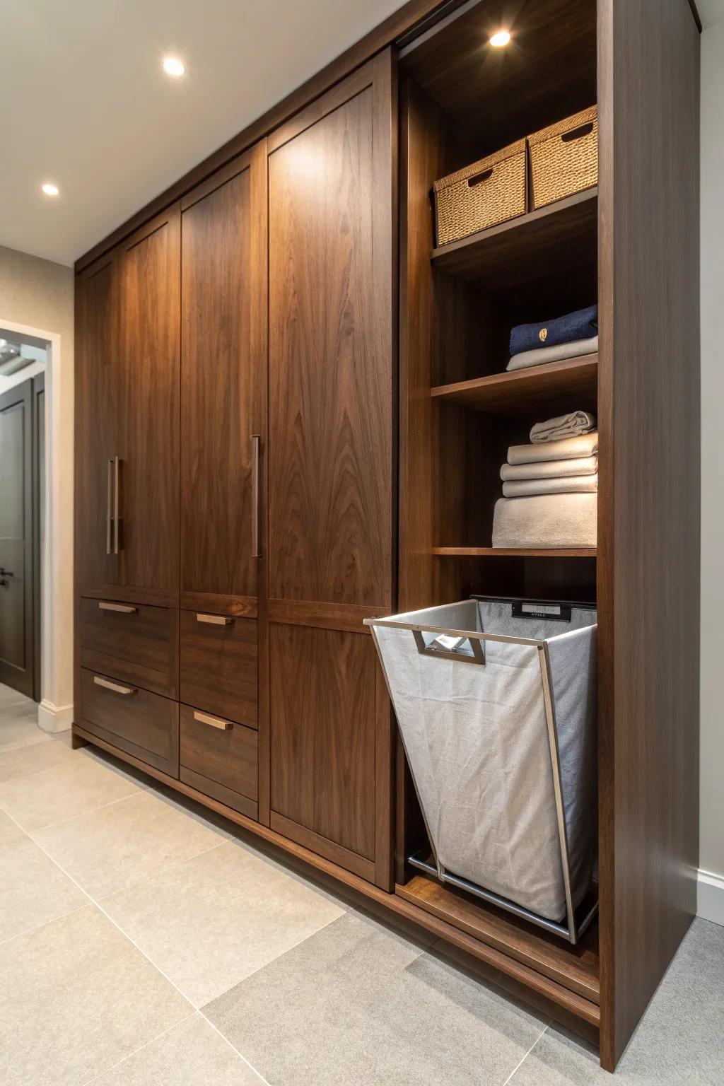 Discover the elegance of hidden functionality: A seamlessly integrated hamper for your closet.