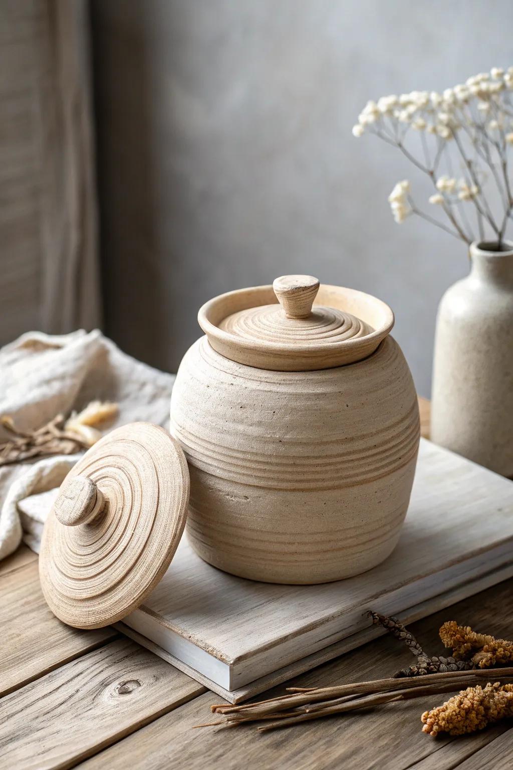 Discover the elegance of simplicity with this handcrafted lidded coil jar, perfect for storing your cherished treasures.