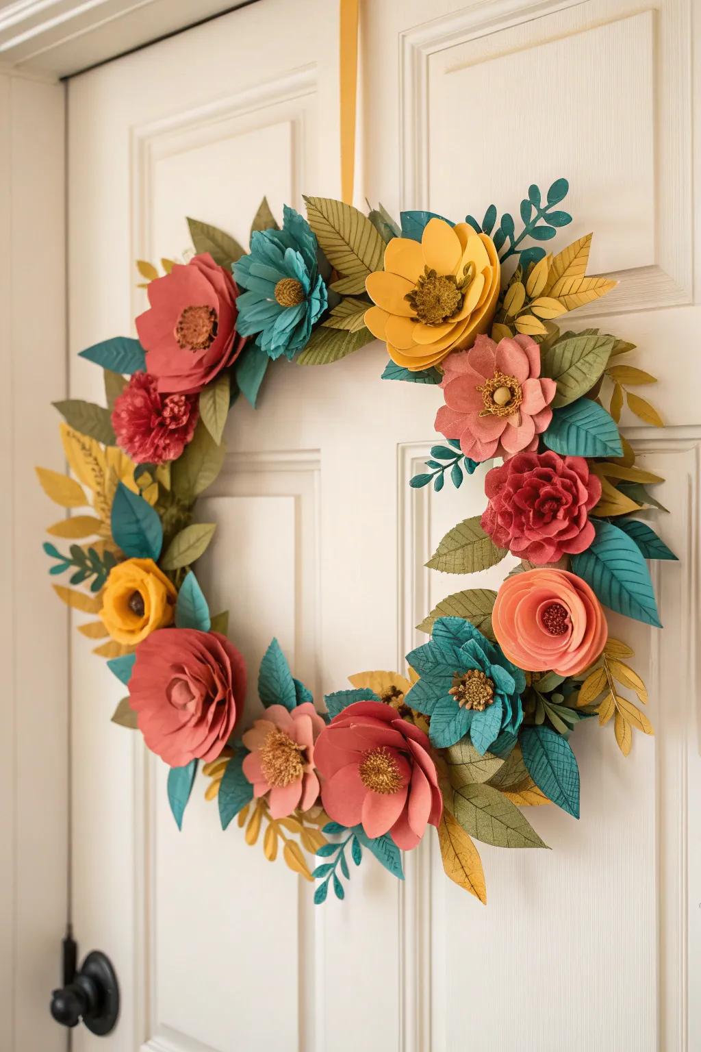 Welcome guests with a touch of handcrafted beauty: a vibrant paper flower wreath that embraces simplicity and color.
