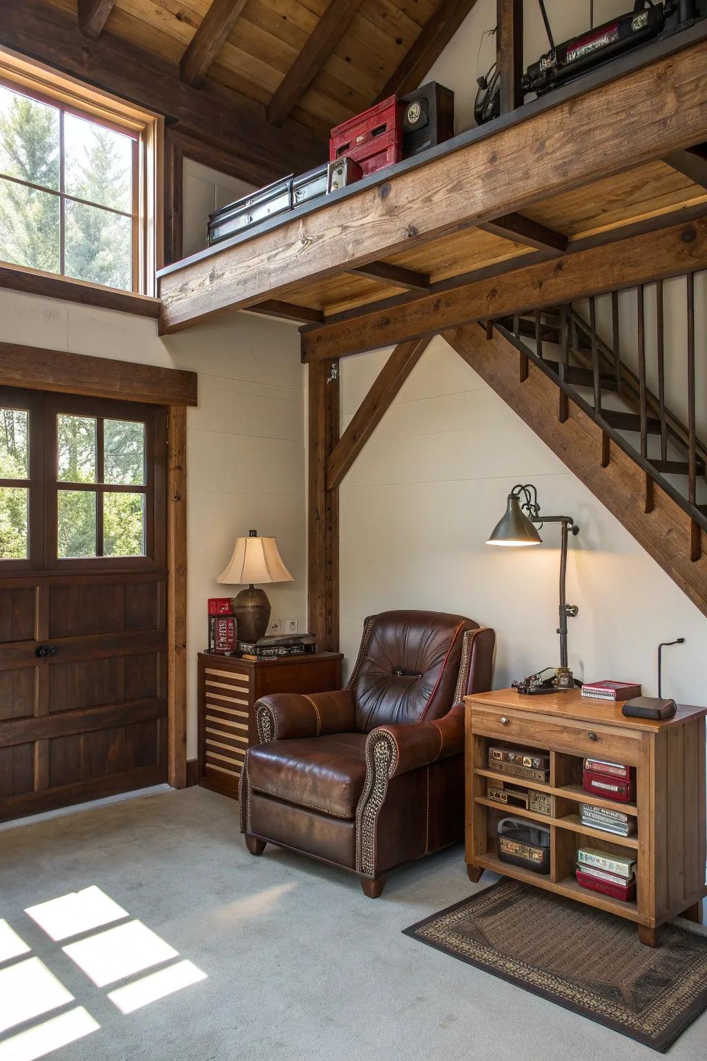Elevate your garage experience with a handcrafted loft – where style meets functionality.