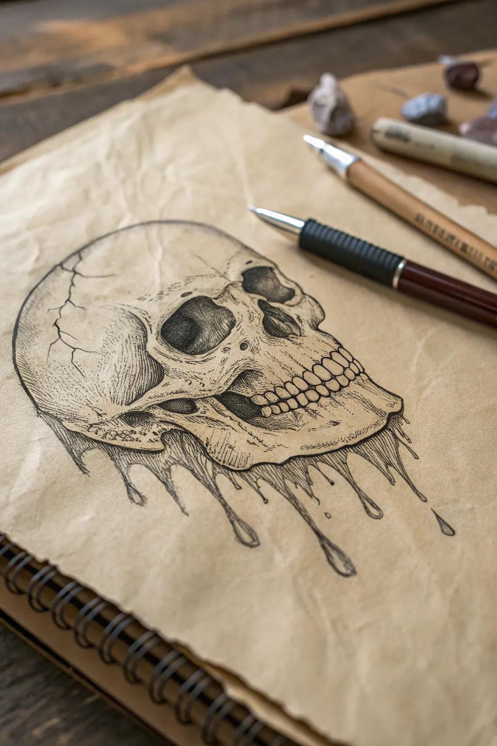 Dive into the mystery with this captivating half-complete skull drawing.