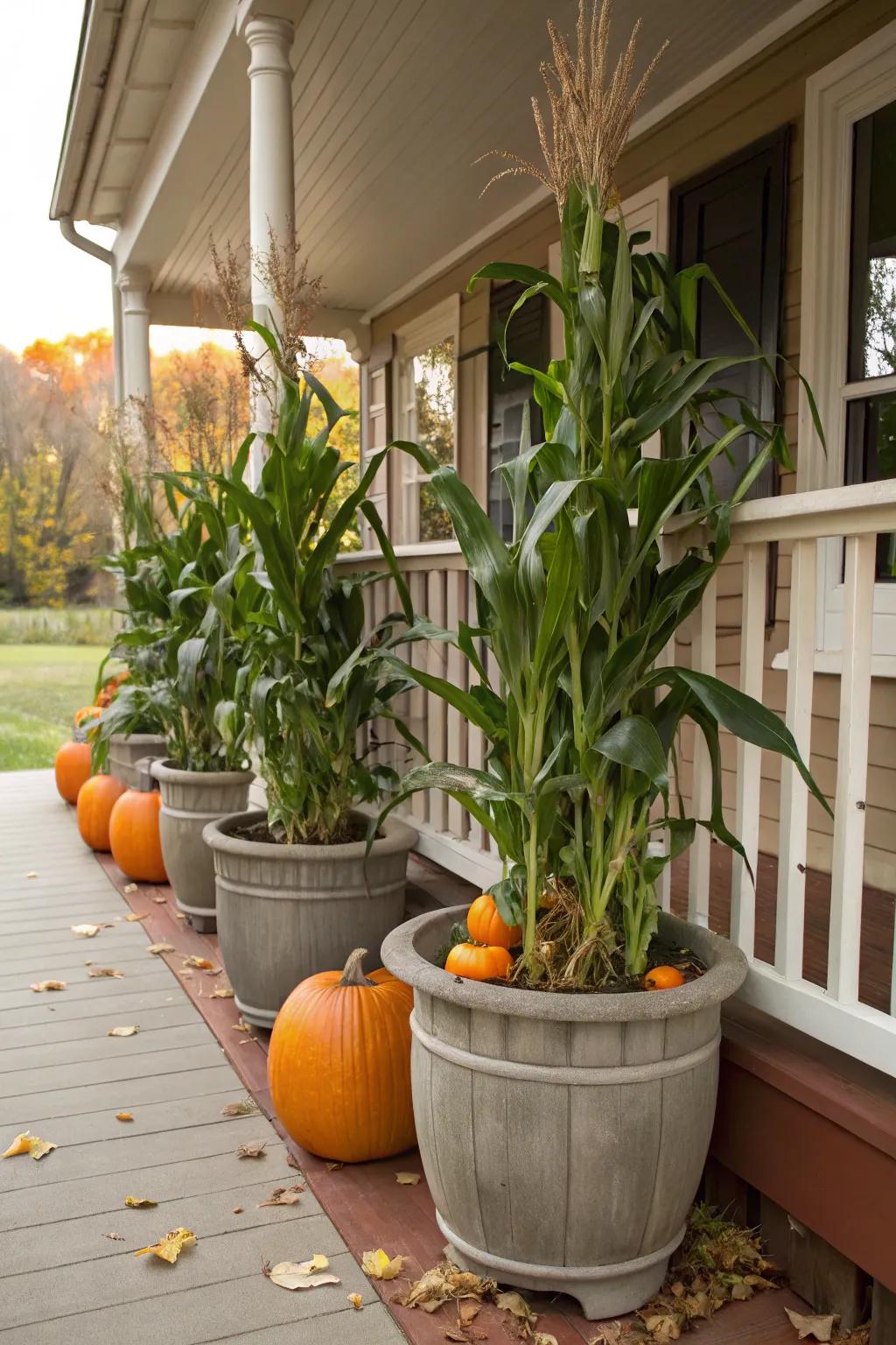 Create a striking outdoor display with corn stalks and pumpkins.