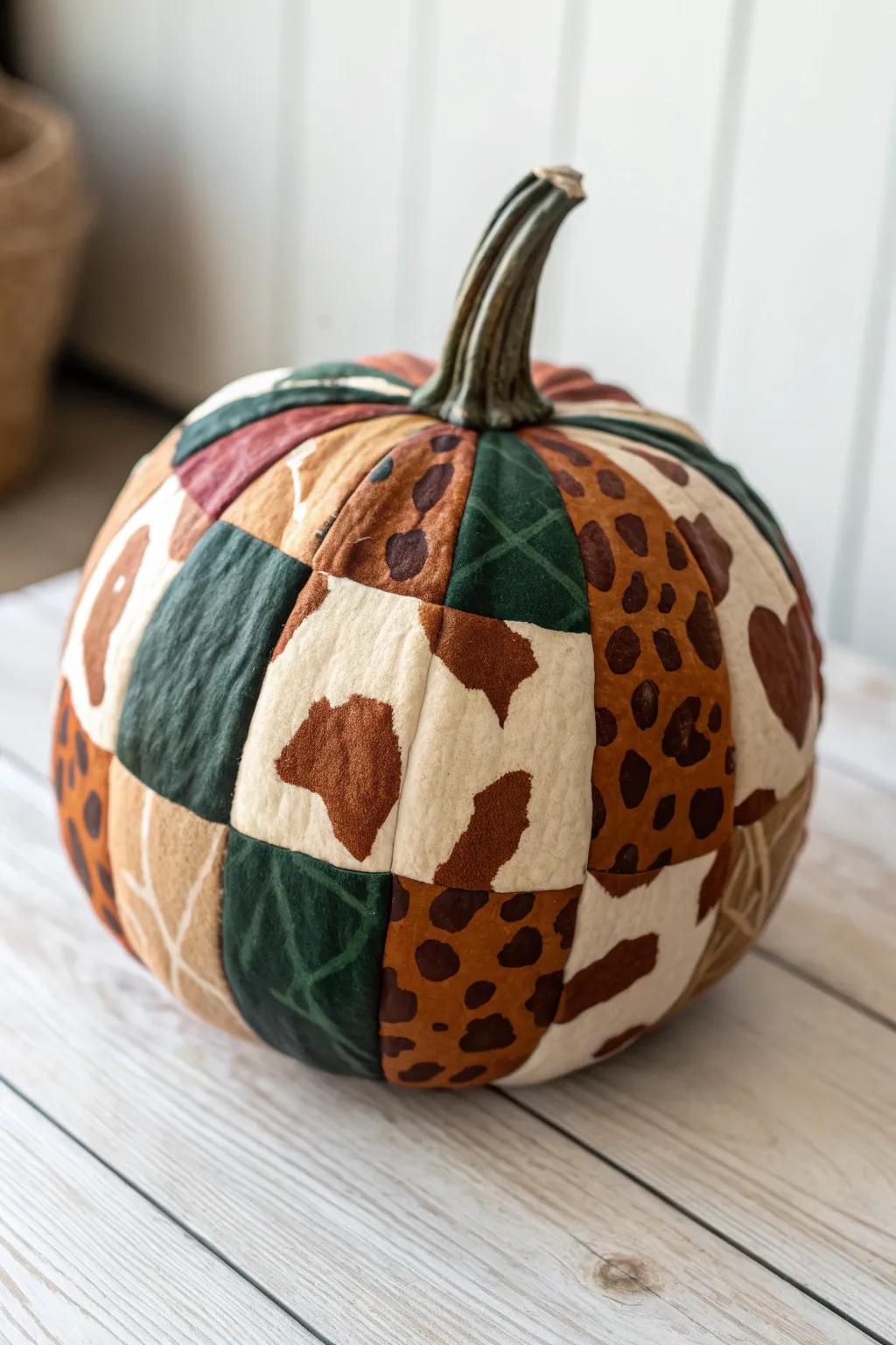 Embrace the charm of handmade art with this patchwork cow pumpkin, perfect for adding a rustic yet stylish touch to your autumn decor.