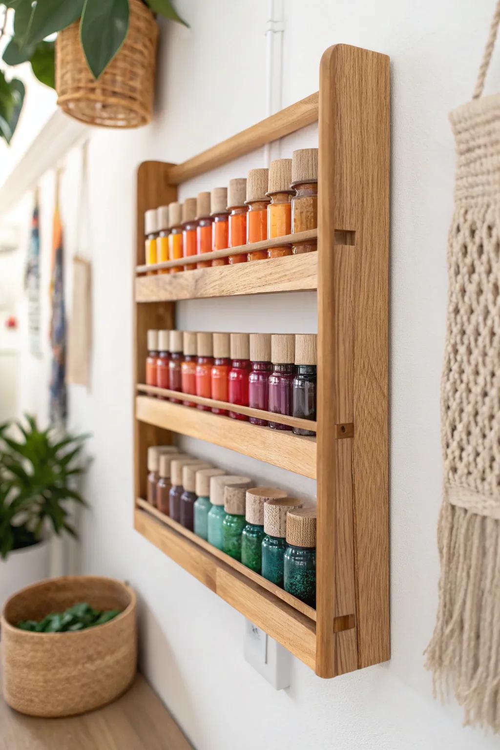 Transform your space with a touch of creativity and elegance—repurposed spice racks for stylish paint storage.