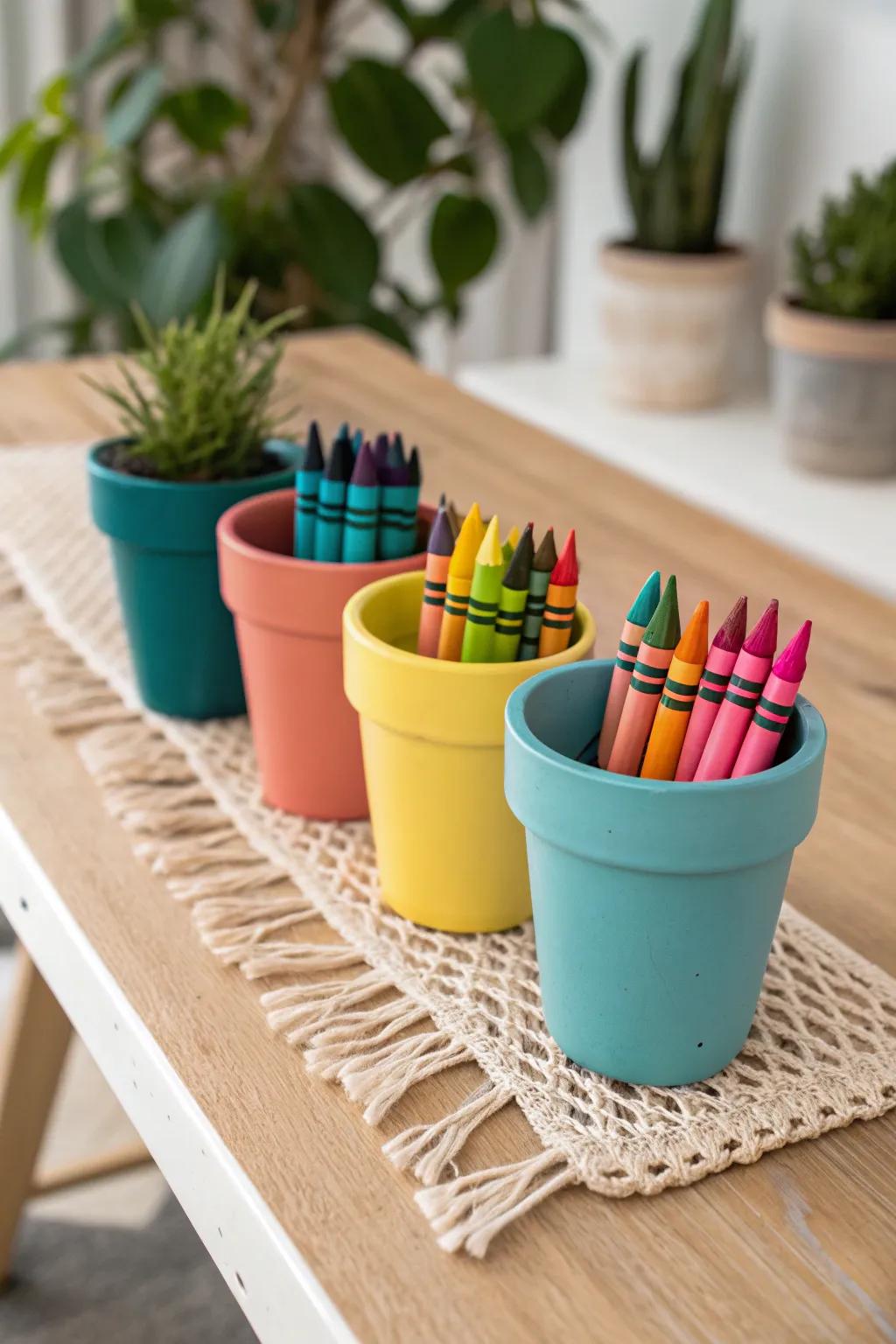 Transform your space with colorful flower pots that double as charming crayon storage – a perfect blend of Scandinavian simplicity and boho flair.