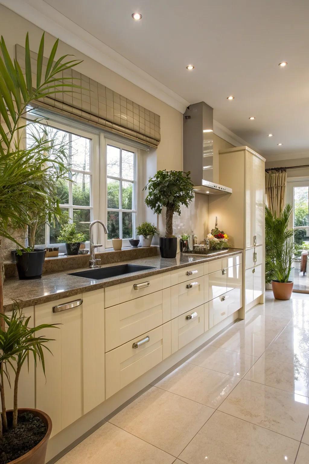 Personal touches of decor bringing a unique flair to a cream gloss kitchen.