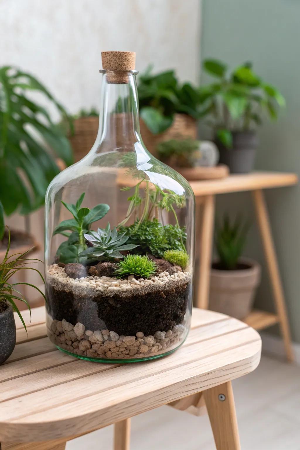 Transform your space with this stunning bottle terrarium, where nature meets minimalist design.
