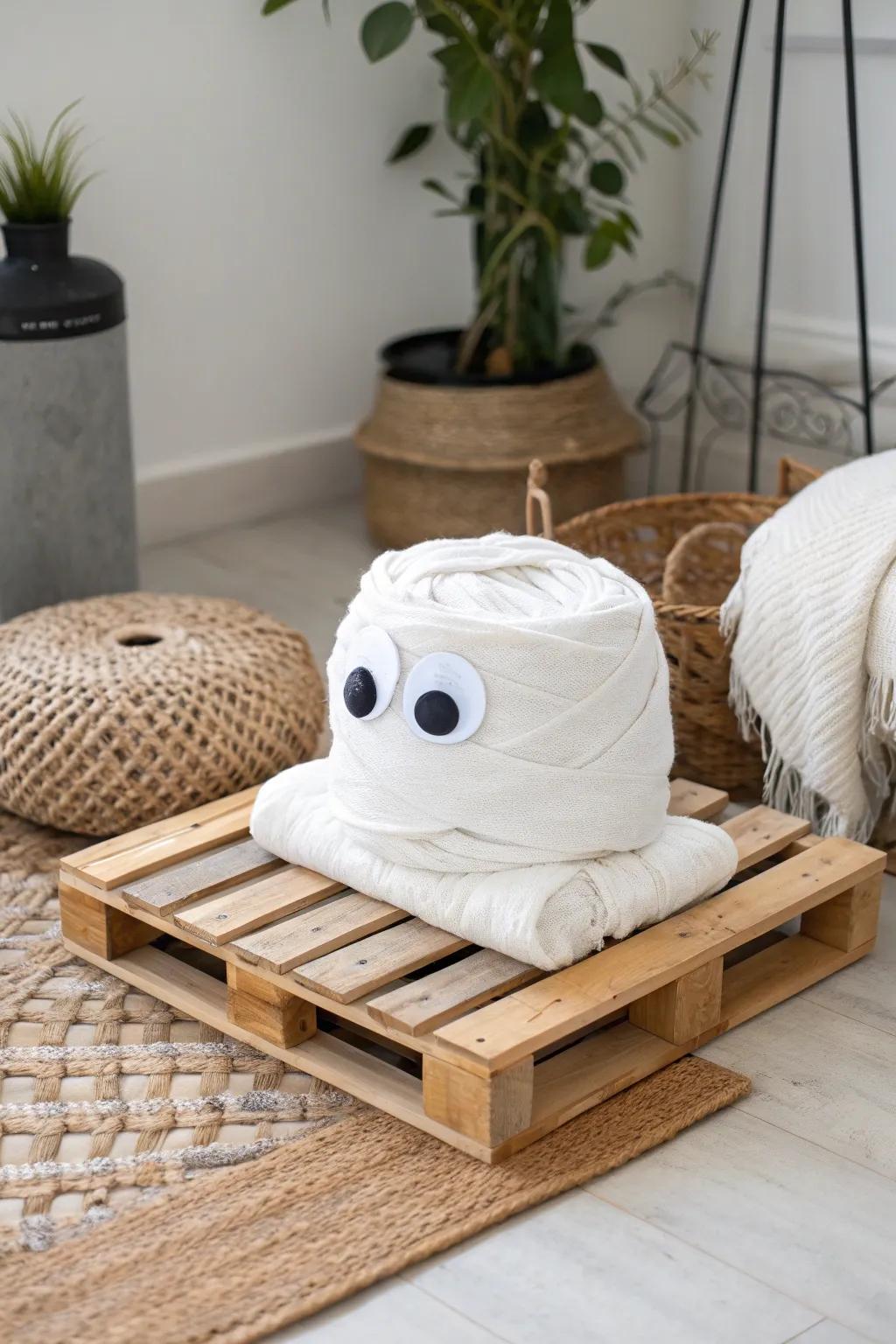 Embrace Mummy Mayhem with this charming Halloween pallet idea, where spooky meets Scandinavian simplicity.