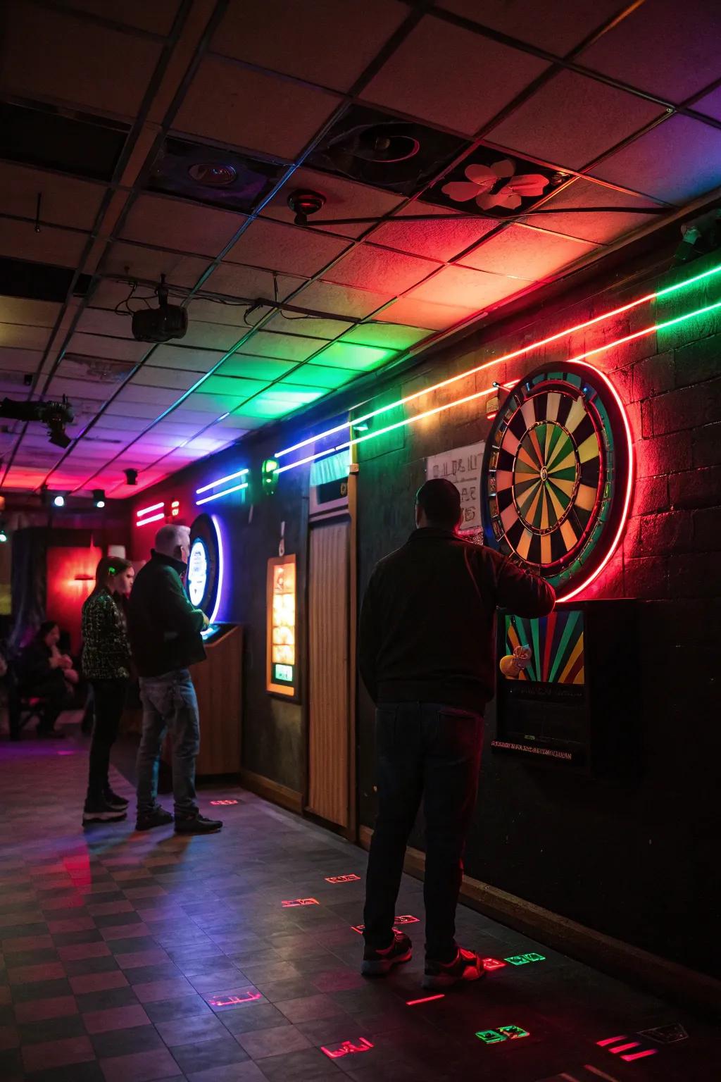 Modern lighting accents add a vibrant touch to your dart room.
