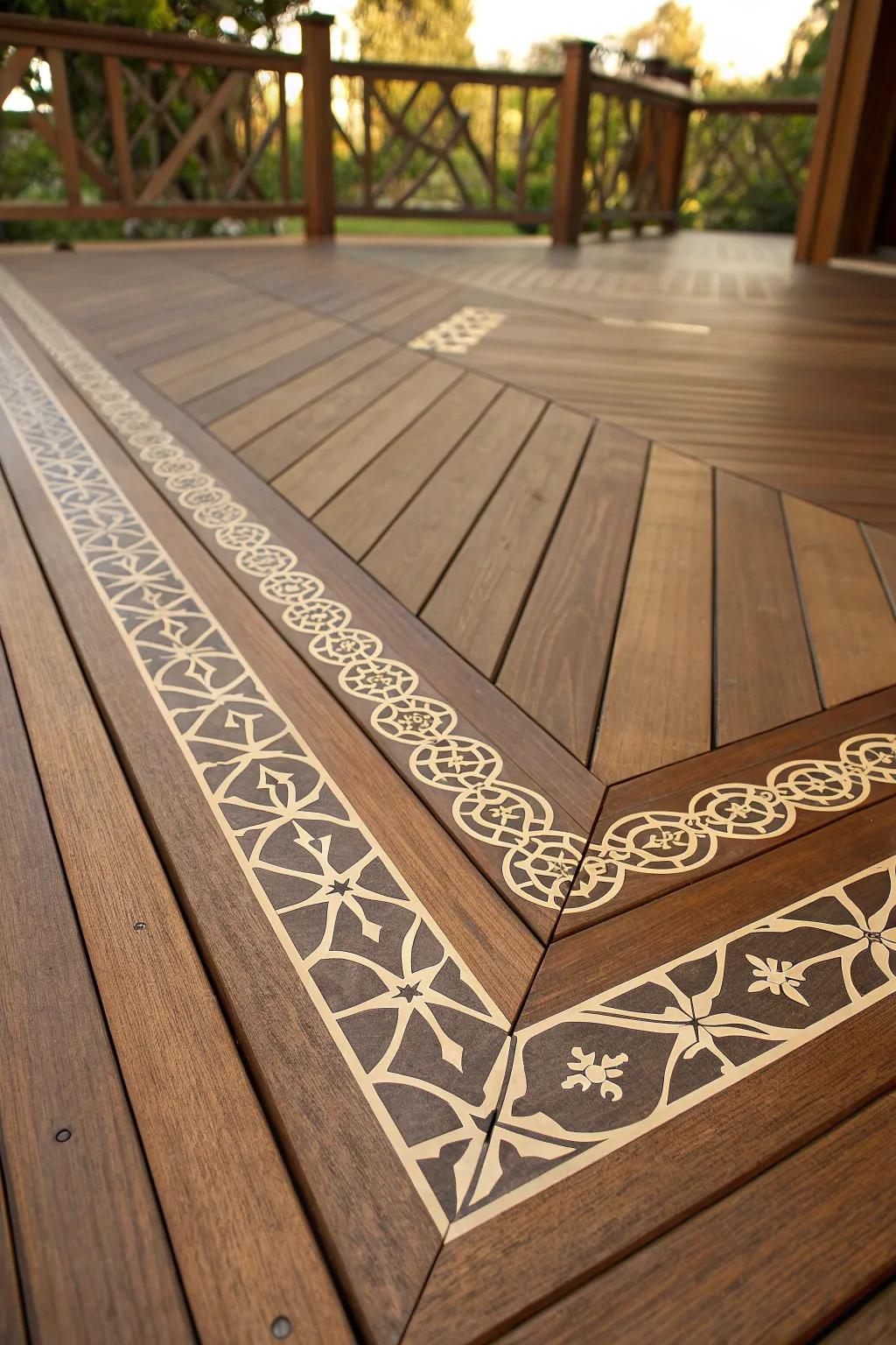 Elevate your deck's style with exquisite stenciled borders, where craftsmanship meets creativity.