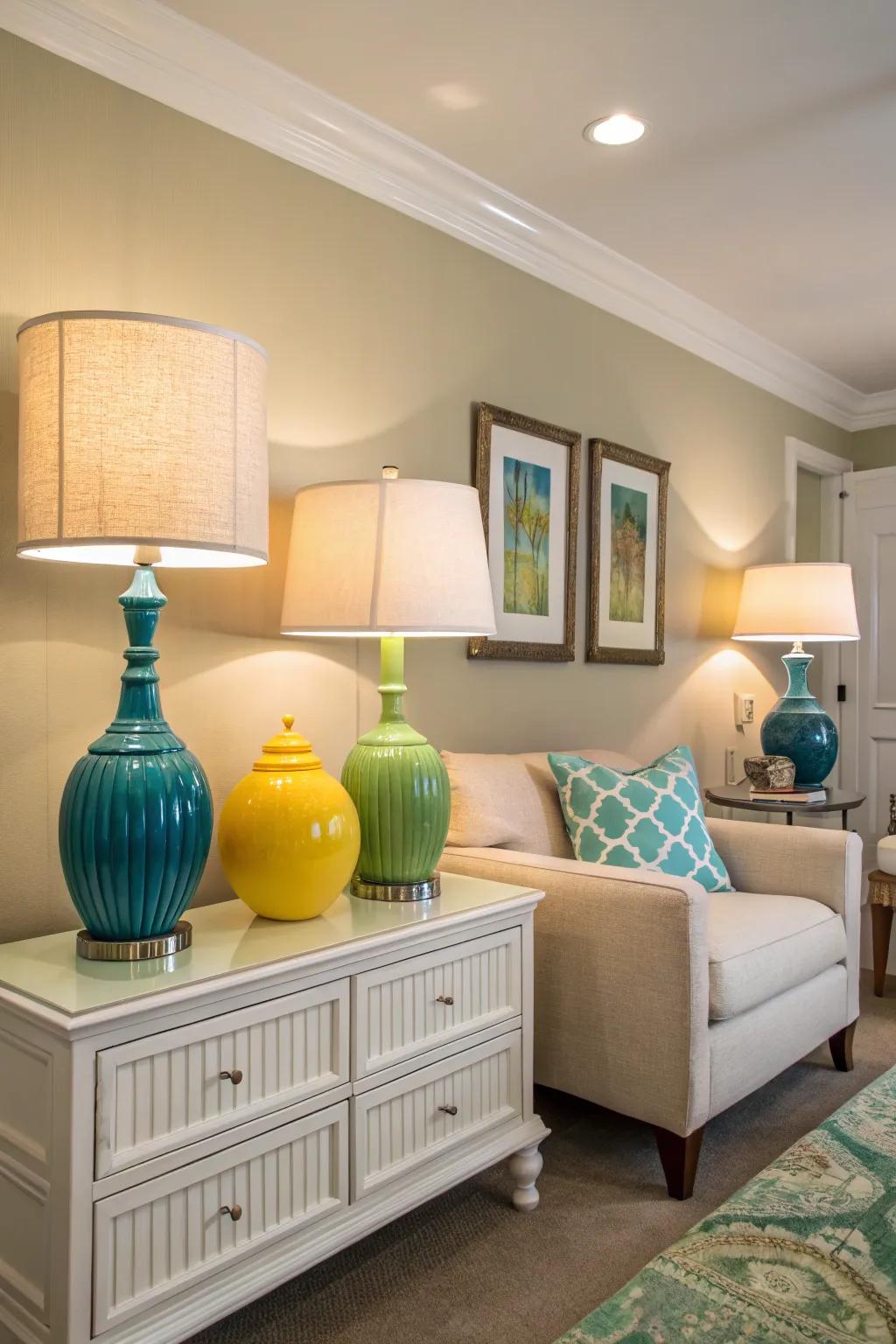 Colorful lamps add a vibrant touch to a neutral room.