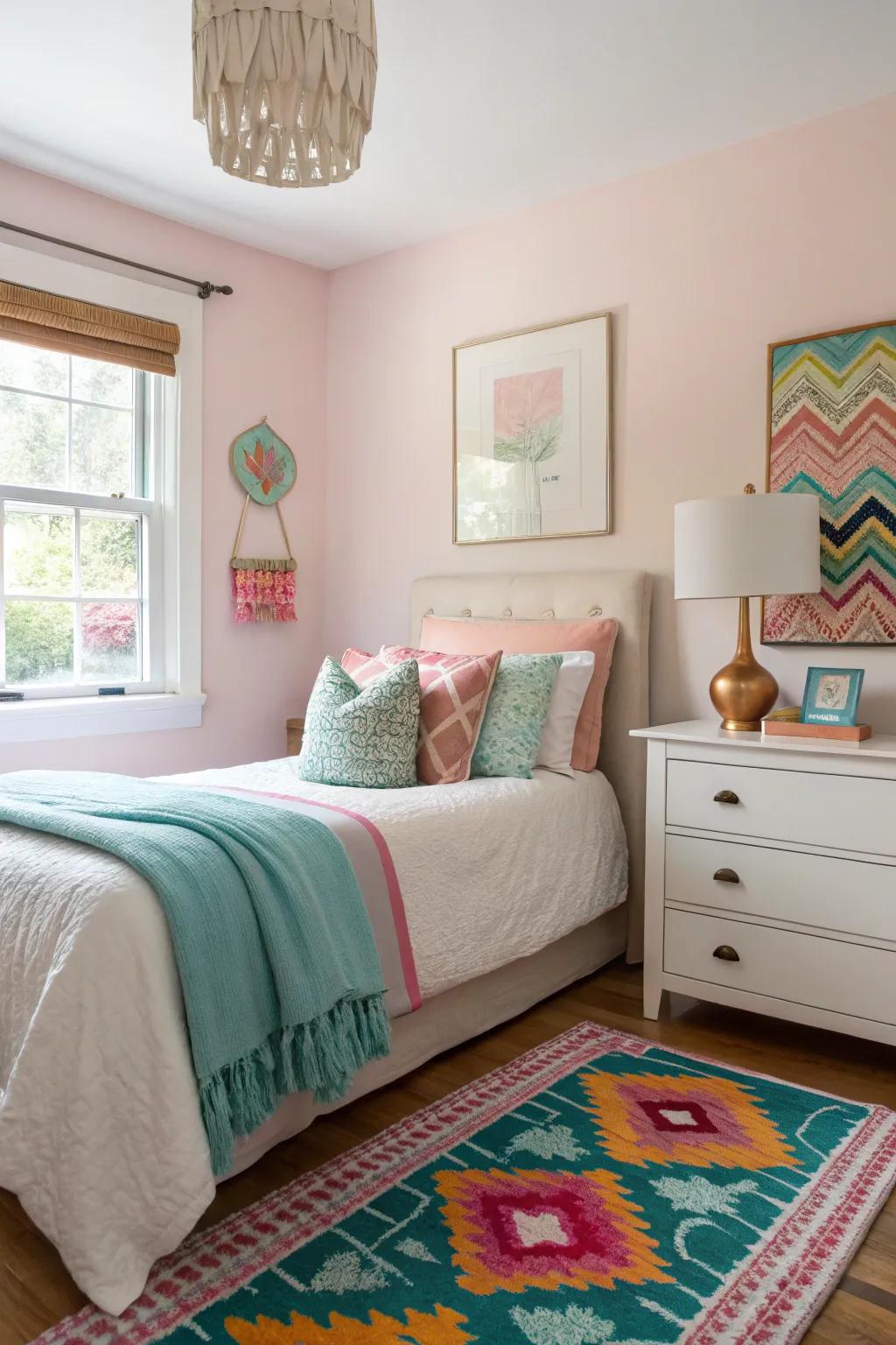 A soft color palette with bold accents adds depth to a small bedroom.