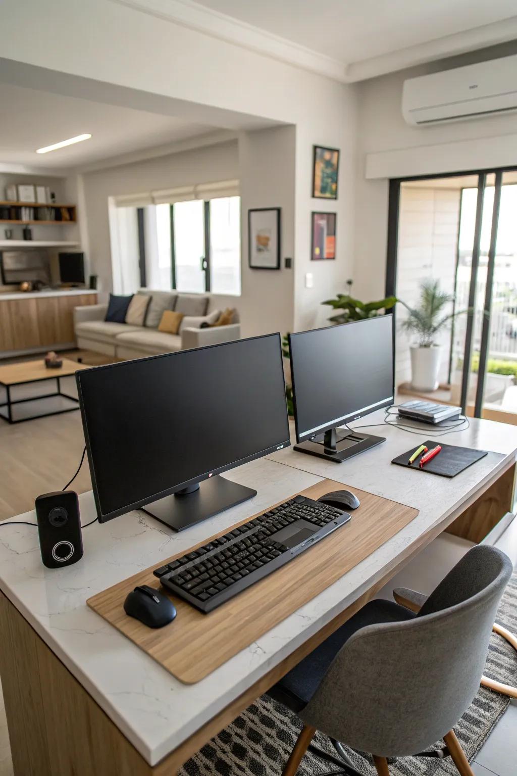A multi-monitor setup enhances productivity and efficiency.
