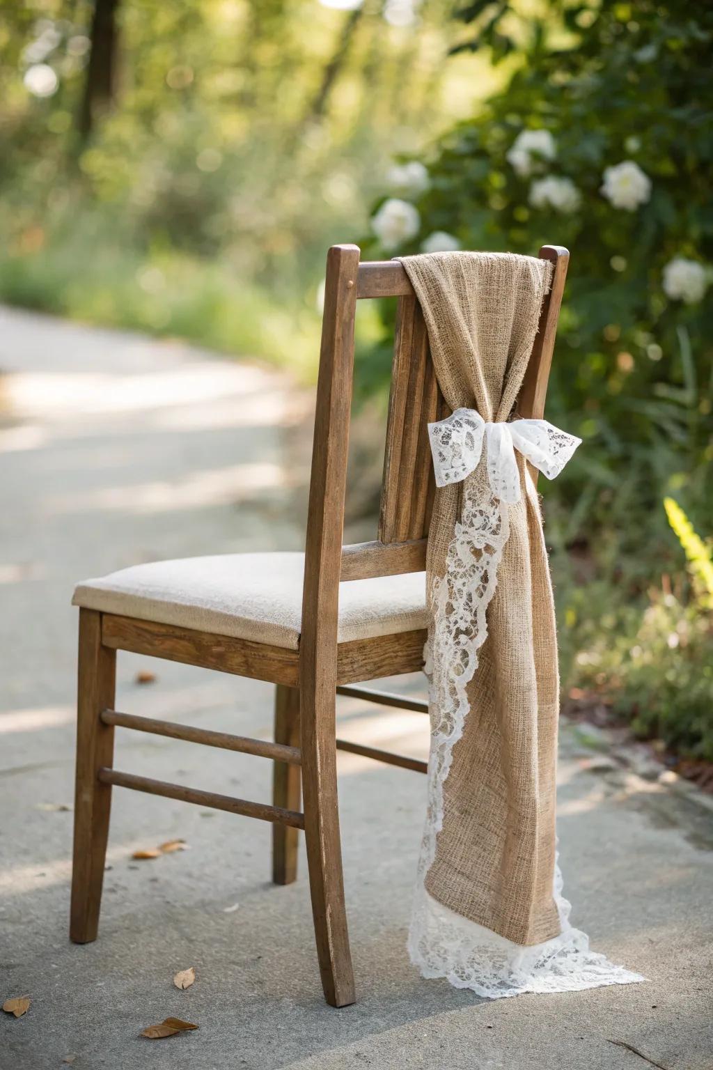 Embrace rustic charm with a burlap and lace chair, perfect for a cozy outdoor baby shower.