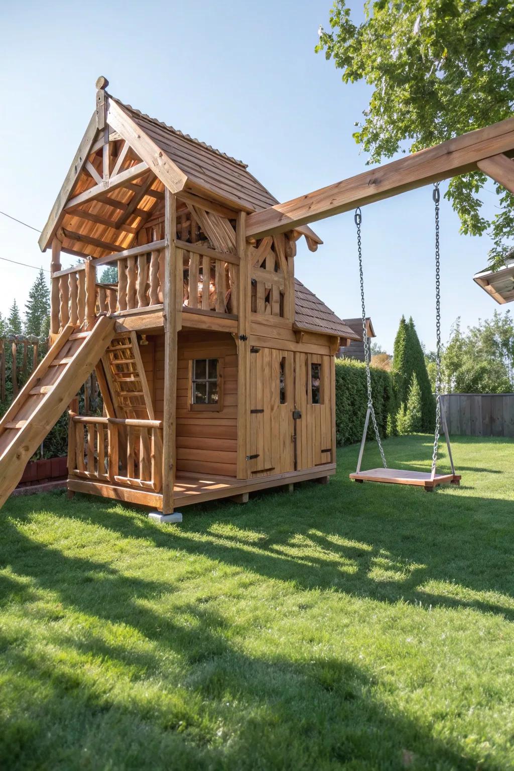 Craft your own backyard adventure with this stunning playhouse and swing combo.