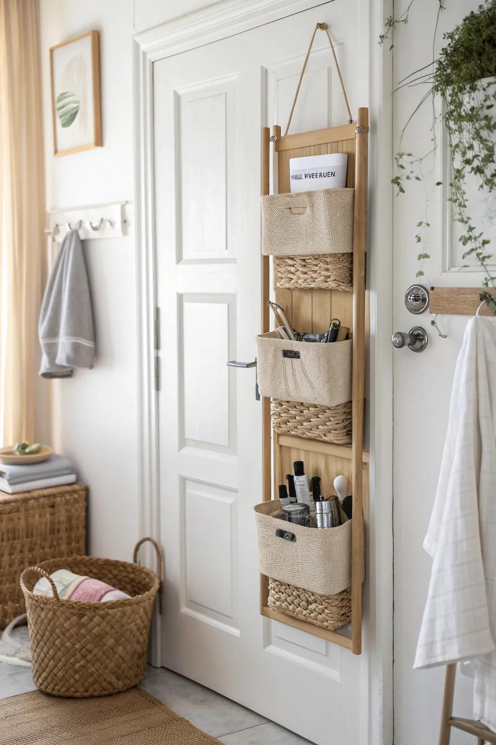 Transform your bathroom with this chic over-the-door organizer, blending minimalist elegance with boho charm for a clutter-free space.