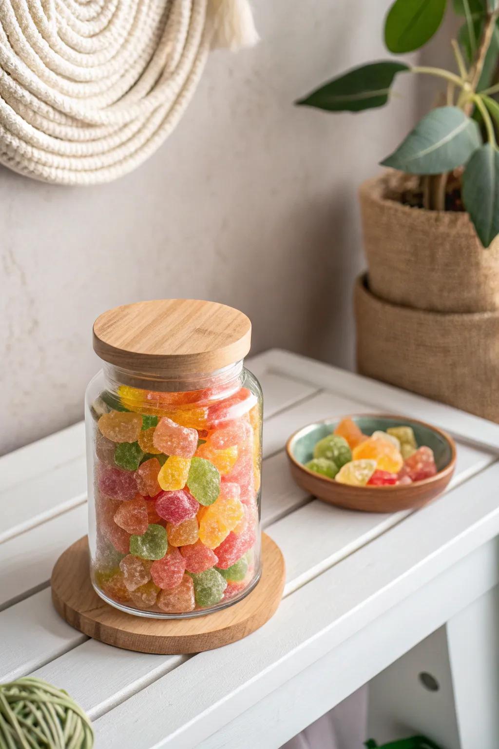 Add a pop of joy to your space with a vibrant candy jar display!