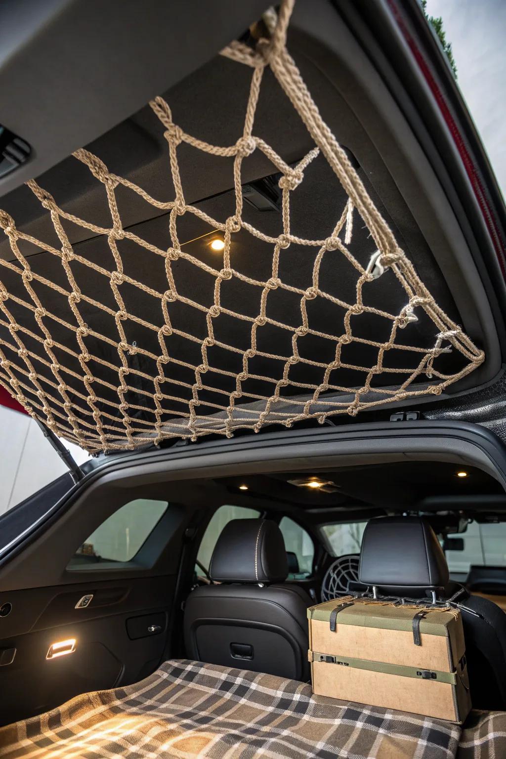 Elevate your trunk organization with handcrafted rope netting – where functionality meets craftsmanship.